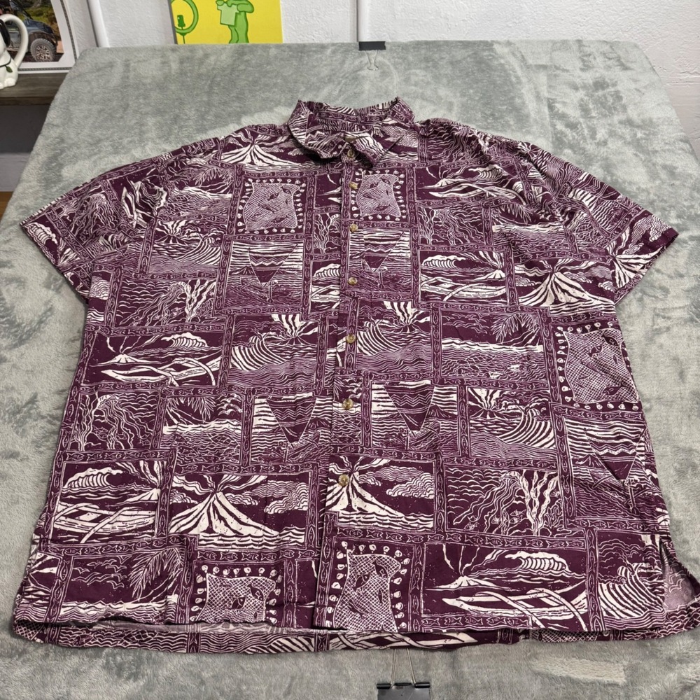 Cooke‎ Street Hawaiian Islands Mens XXL Purple Cotton Aloha Shirt Volcano Waves